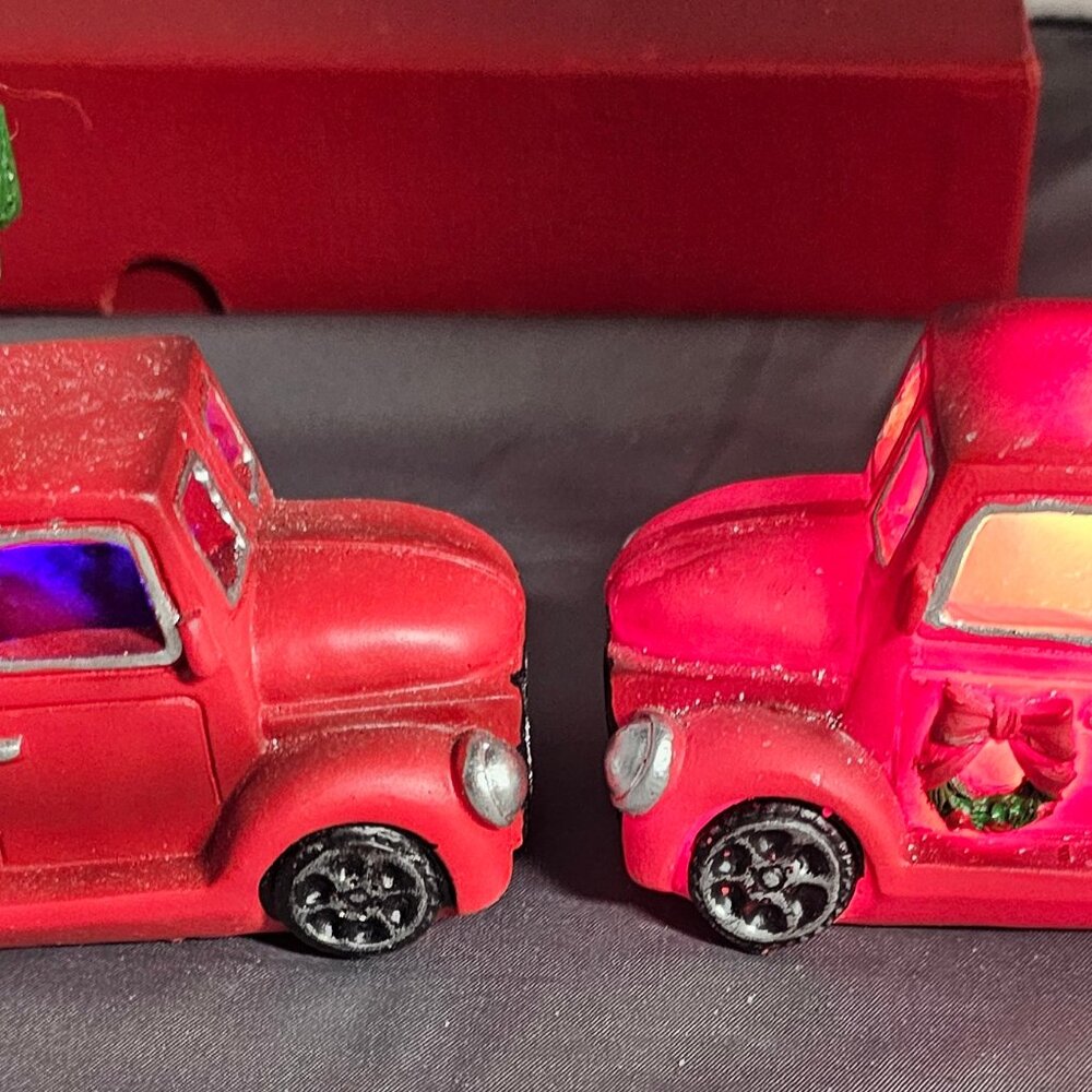 2-Light Up Red Truck w/Christmas Tree Ornaments-Working Batteries Included